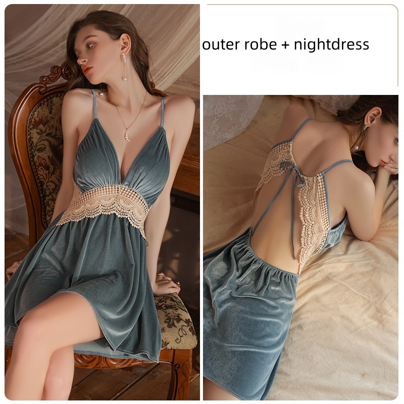 Nuovo stile Autumn e inverno di velluto e tulle senza schienale e sexy-camicia danotte a forma di costruzione-In reggiseni e un abito esterno abbinato, perfetto per l\'abbigliamento domestico4054 Prezzo:$179,99