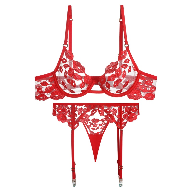 Lingerie sexy - ultra-sottile, con ricamo a labbro rosso e pizzo. Esso\\È un reggiseno set per il seno di grandi dimensioni che li rende più piccoli e impedisce il calo del prezzo W7229:$219,99