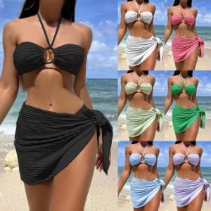 Costume da bagno bikini sexy tre-pezzo set con una gonna trasparente, cavezza-Stile del collo, costume da bagno a colori solido per donne, disponibile in magazzino e più colori Sy816 Prezzo:$79,99